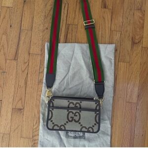 Gucci Beige and Brown GG Crossbody Bag with Green and Red Strap